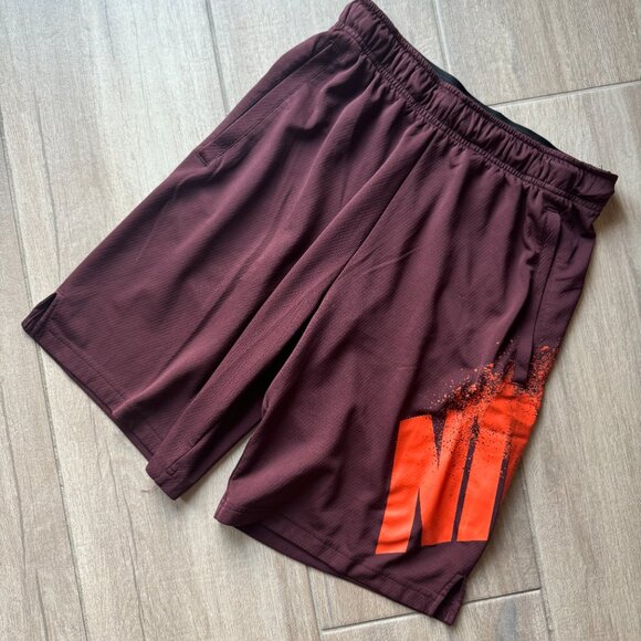 Nike Maroon Athletic Gym Shorts with Orange Swoosh Logo | Men’s Small - Picture 2 of 5
